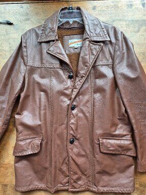 VTG Leather Jacket Size 38 Mens Brown Zipout Fleece Liner Lined Pockets 1970s